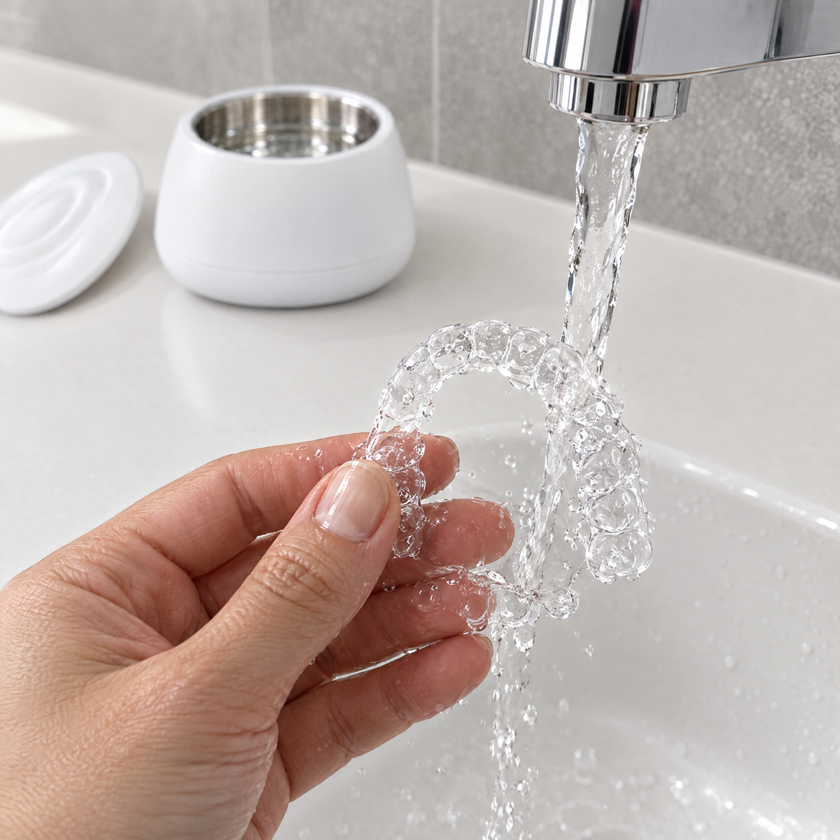 Sauberen Aligner unter Wasser abspülen